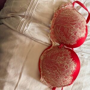 Victoria's Secret Red Bra with Cream Lace Overlay